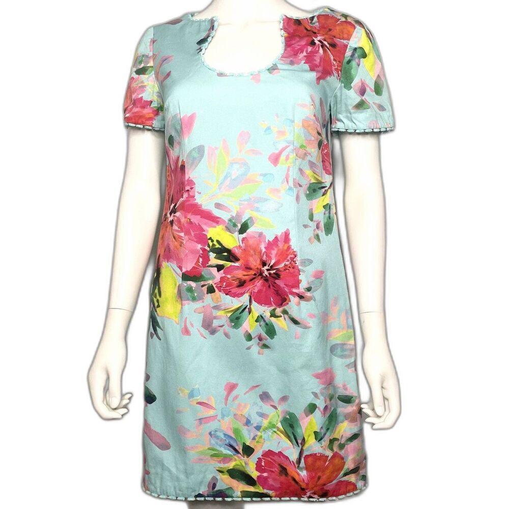 Trina Turk Blue Rashida Hibiscus Floral Frayed Hem Sheath Dress SZ 4